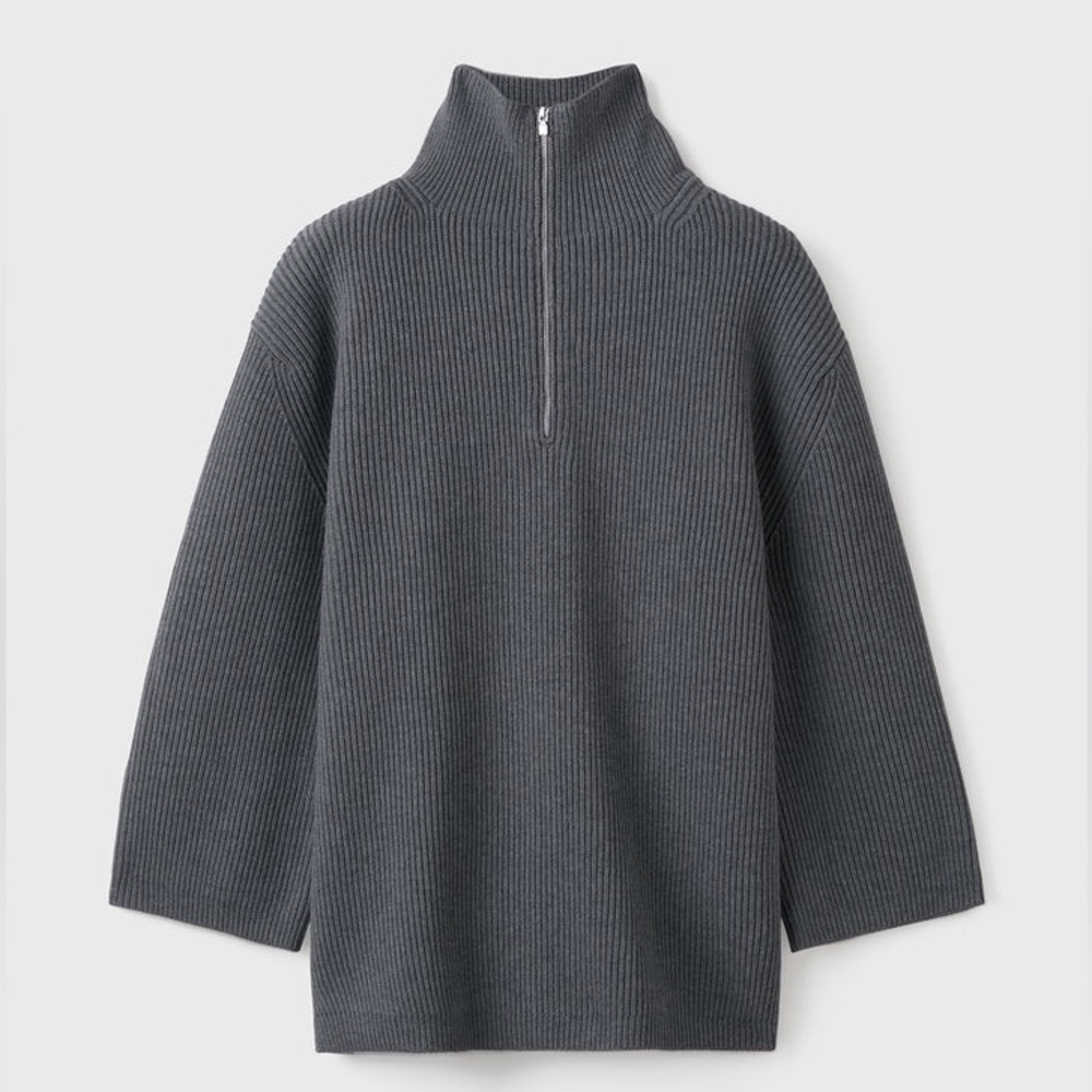 Toteme fisherman zipped wool blend roll neck sweater dark gray melange oversized